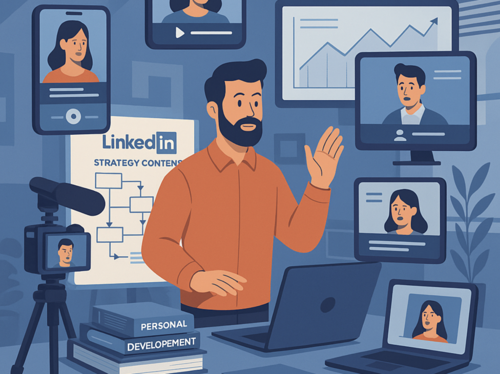 Créateur de contenu B2B enregistrant une vidéo pour LinkedIn, entouré d’écrans et de caméras