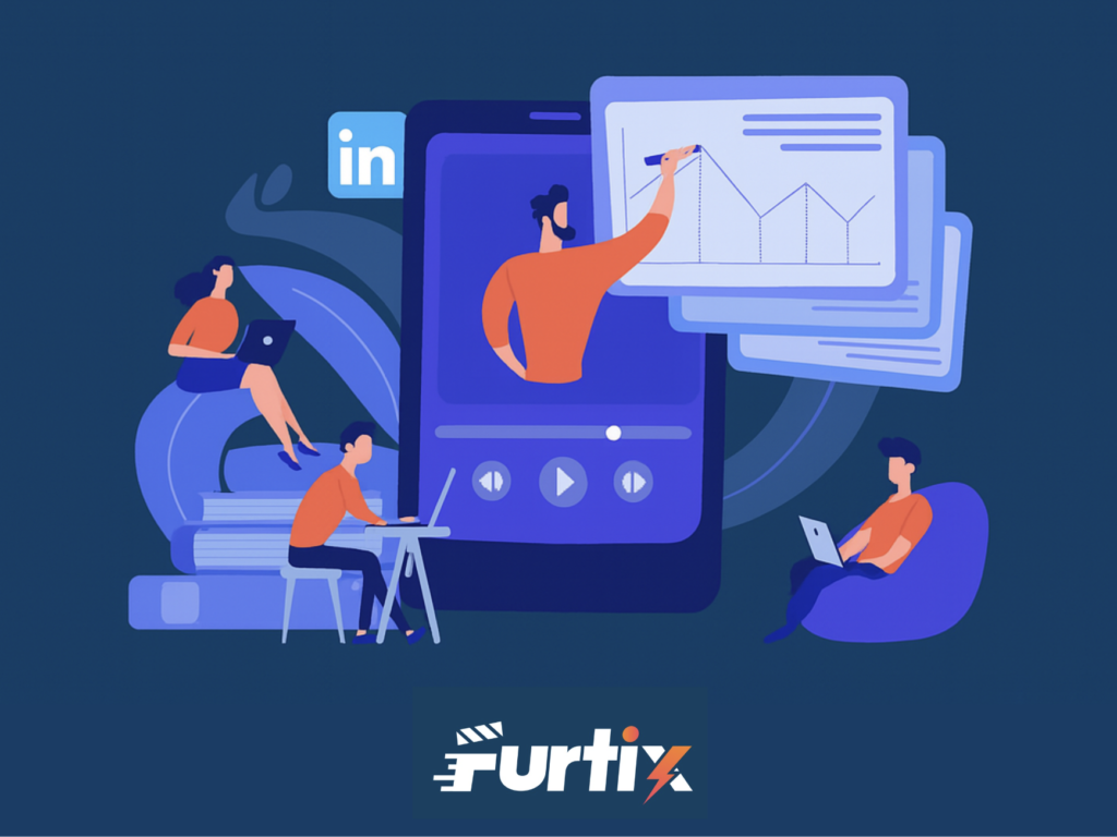Création de vidéos LinkedIn optimisées pour la visibilité et la marque employeur – illustration d’équipe en production de contenu avec logo Furtix