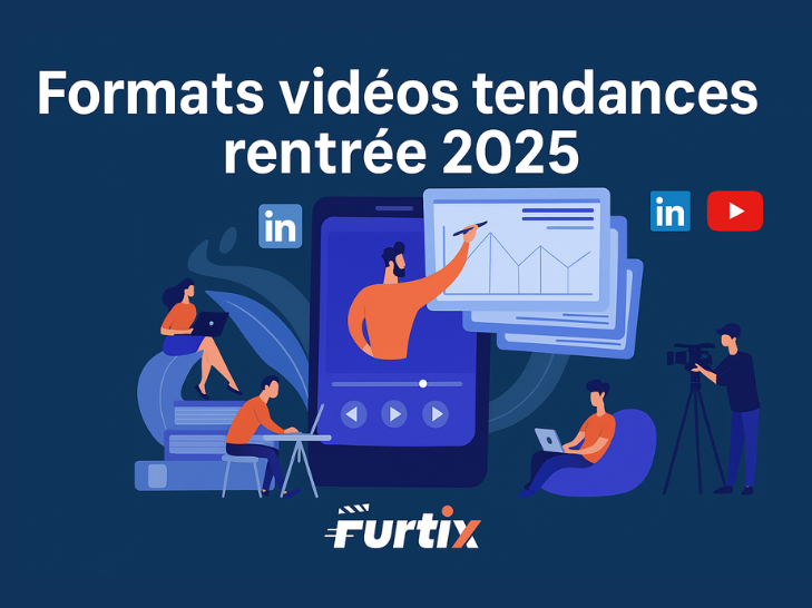 Illustration représentant les tendances vidéo de la rentrée 2025 : tournage, réseaux sociaux, analyse de performance, branding Furtix.