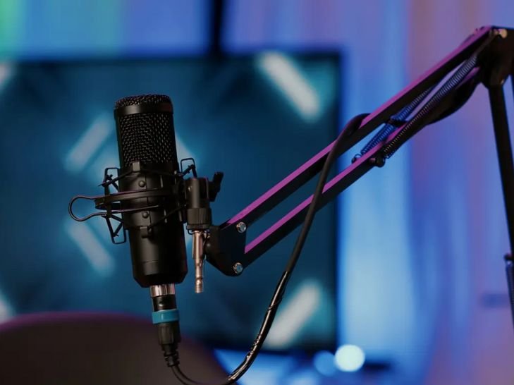Micro de podcast professionnel sur bureau avec éclairage studio